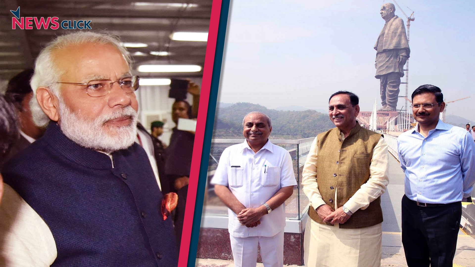 प्रधानमंत्री नरेंद्र मोदी (बाएं), स्टैच्यू ऑफ यूनिटी के साथ गुजरात के मुख्यमंत्री विजय रुपाणी व अन्य (दाएं)।