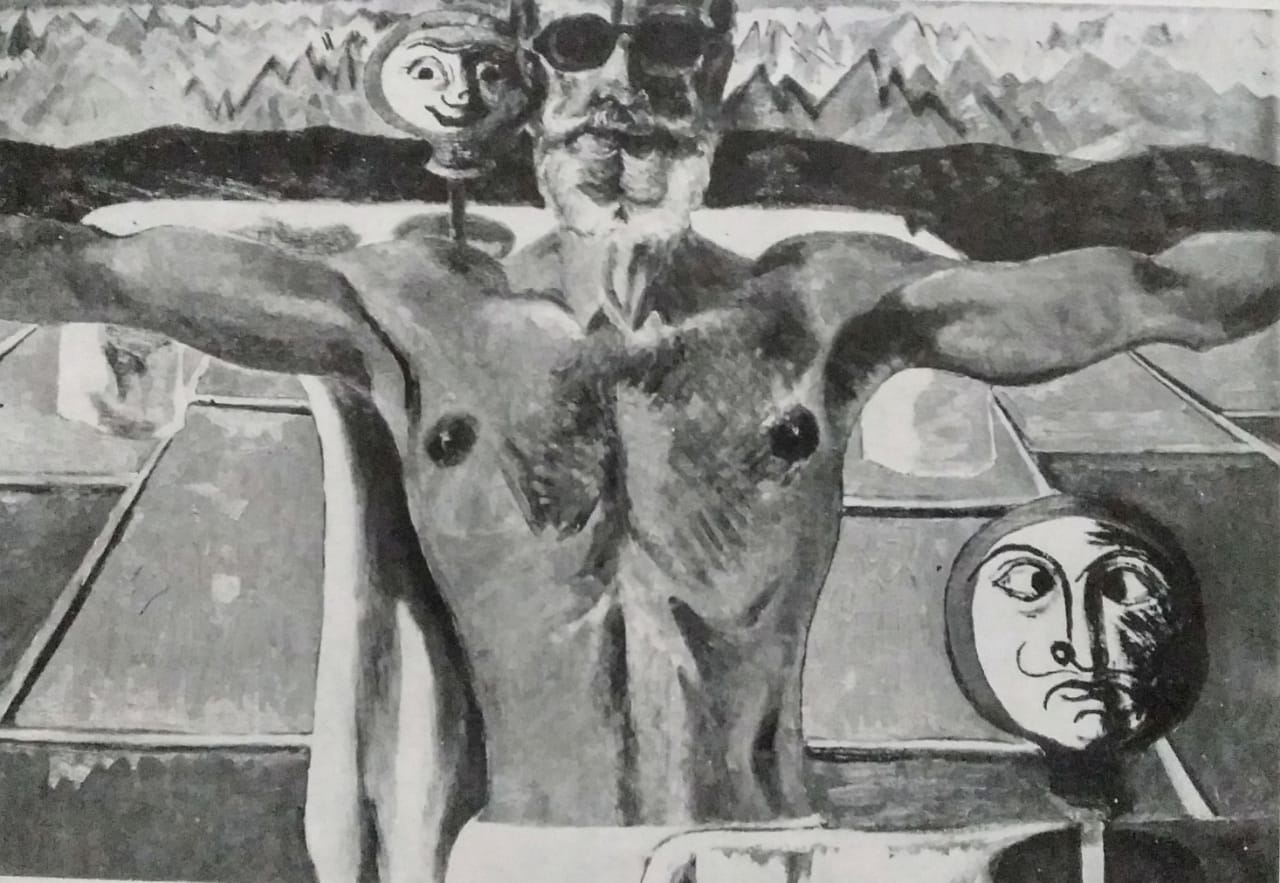 बिजूका और मैं, तैल 1977,चित्रकार- भवेश चंद्र सान्याल, साभार: समकालीन कला, प्र॰ राष्ट्रीय ललित कला अकादमी