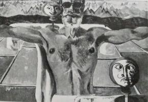 बिजूका और मैं, तैल 1977,चित्रकार- भवेश चंद्र सान्याल, साभार: समकालीन कला, प्र॰ राष्ट्रीय ललित कला अकादमी